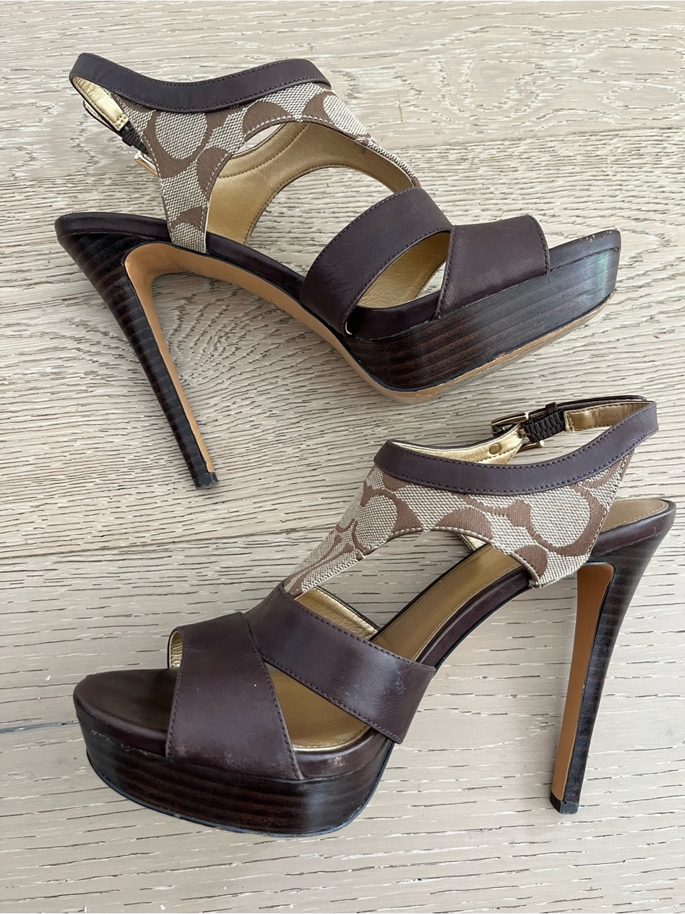 Coach Brown Leather Dita Platform Sandals High Heels w/ Logo Sz 8.5 - Picture 3 of 7